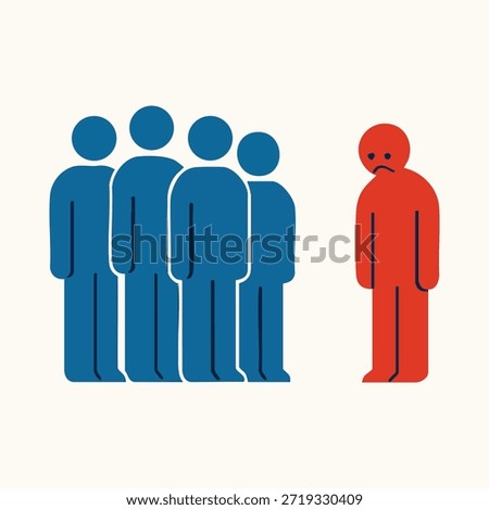 Minimal Flat Vector Illustration of Social Exclusion and Discrimination, Red Figure Isolated from a Blue Group, Corporate Bullying and Stigma Concept