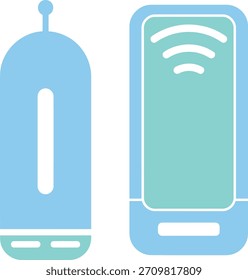 Minimal flat vector illustration of two futuristic wireless smart gadgets with signal icon, perfect for technology, IoT, and smart home interface designs.