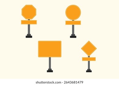 A minimal flat vector illustration of various blank traffic road signs in different shapes: octagon, circle, rectangle, and diamond. 