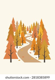 Minimal flat vector illustration of a winding dirt path passing through a dense autumn pine forest with colorful orange and yellow trees.