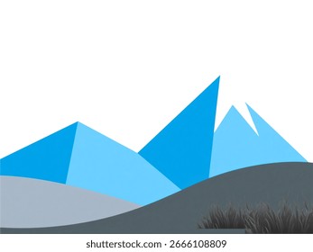 Minimale flache Vektorszene mit steilen, spitzen Bergen und sanft geschwungenen Hügeln, saubere geometrische Umrisse, kräftige, fette Farbfüllungen, kein Text, keine Textur, klar isoliert auf einfarbigem, weißem Hintergrund.