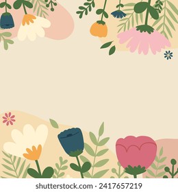 minimal flat vector spring illustration square frame background with space for text. Creative layout of spring elements for banner, template, social media, advertisement concept usage