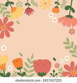 minimal flat vector spring illustration square frame background with space for text. Creative layout of spring elements for banner, template, social media, advertisement concept usage