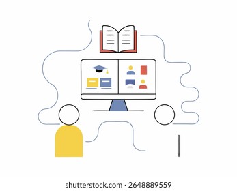 Minimal flat vector of a student in front of a digital screen, representing online study and digital learning tools. Includes icons like books, computers, and interface elements.