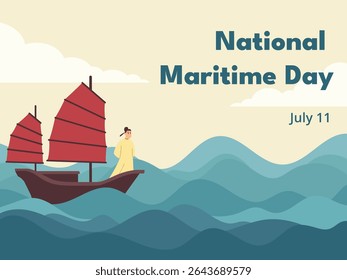 Minimal flat vector of Zheng He standing on a treasure ship with red sails. A tribute to the great Chinese explorer and maritime history, july 11