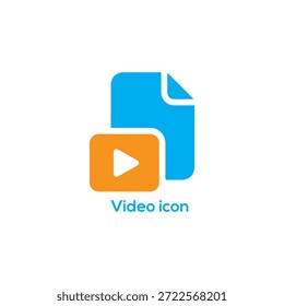 Video Icono de archivo plano mínimo con documento azul y símbolo de Botón de reproducción naranja para medios, transmisión, App y Web

