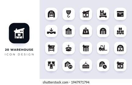 Minimales flaches Lagerhaus-Icon-Paket. In diesem Paket mit zwanzig verschiedenen Lagerhallen Symbol.