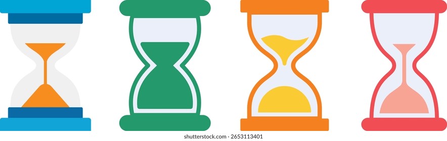 Minimal flat-style hourglass icons in vibrant colors showing various sand levels, ideal for infographics and productivity tools