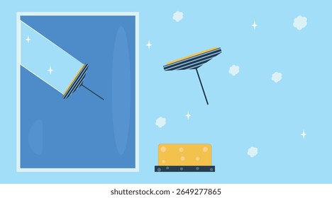 Minimal flat-style illustration of window cleaning. A squeegee and sponge are shown with foam and sparkles, symbolizing cleanliness, freshness, and household care. Perfect for cleaning services