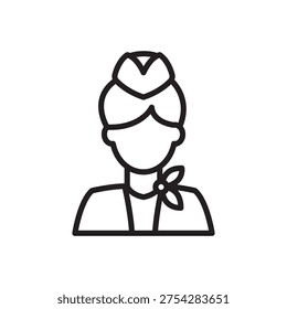 Minimal flight attendant line icon representing airline cabin crew, aviation service and air travel hospitality.