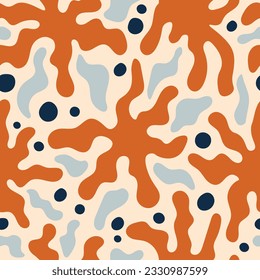 Minimal florales abstraktes nahtloses Muster. Henry Matisse inspirierte unendlichen Hintergrund mit fließenden Blumen, organischen Formen und Punkten. Modernes Modedesign. Wiederholte Vektorgrafik