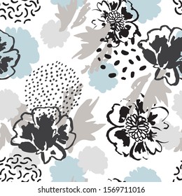 Minimal floral background. Abstract poppy flowers, leaves silhouettes, doodles seamless pattern. Hand drawn sketch. Vector botanical illustration for packaging, wallpaper, textile design