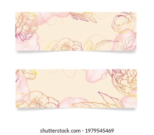 Minimal floral background with hand drawn tropical flowers and leaves. Abstract romantical banner template. Congratulations  modern vector concept