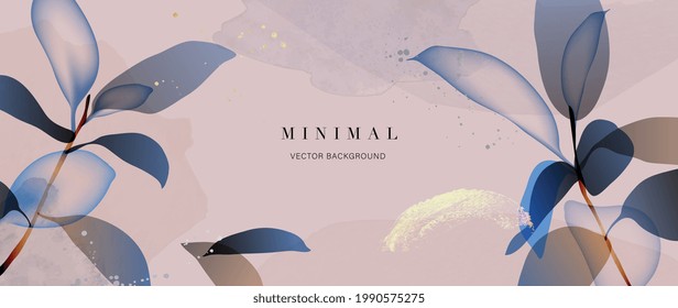 Minimal floral background vector. Abstract art wallpaper design with tropical leaves and watercolor background texture. Botanical banner design template for text. 