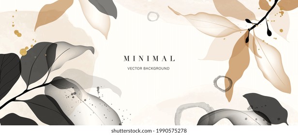 Minimal floral background vector. Abstract art wallpaper design with tropical leaves and watercolor background texture. Botanical banner design template for text. 