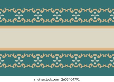 Minimal floral border stripe victorian fleur de lis inspired with luxury scroll ornament style in deep teal and gold tones. Excellent for stationery edges, packaging trim, banner design elements, lace