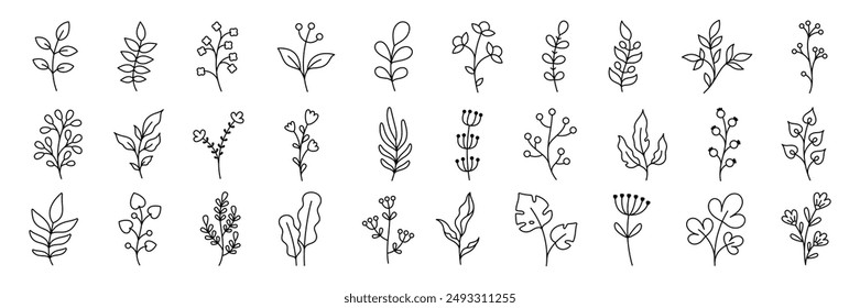 Minimal floral branch. Botanical element minimalist line design. Botanical wreath leaf logo