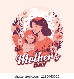 Minimal floral Happy Mother's Day design, Young mother is cuddles daughter. Concept of diverse family. Anneler Günü 