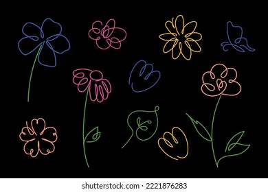 Minimal floral line art on a black background. Flowers colorful palette in continuous line art style. Floral for invitations, cards, print, gift wrapping, manufacturing, textile, fabric, wallpapers.