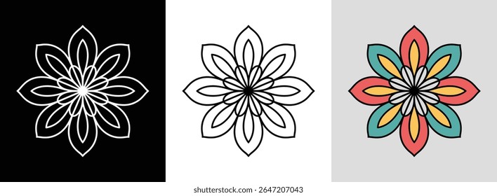 Minimal floral mandala with straight petals and geometric accents for elegant decor.