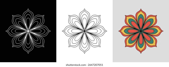 Minimal floral mandala with straight petals and geometric accents for sleek floral decor.