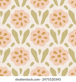 Minimal Floral Pastel Seamless Pattern. Modern minimal botanical background with hand drawn nature elements wavy flower and leaf. Repeat vector illustration