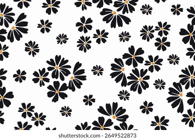Minimal floral pattern featuring black daisies with orange centers on a clean white background, ideal for fabric, wallpaper, or digital design projects.
