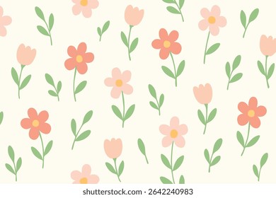 Minimal floral pattern with pastel pink and green tones in flat digital illustration style.