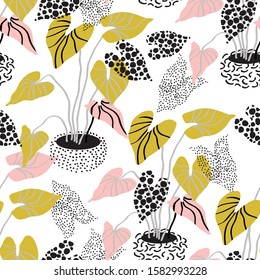 Minimal floral pattern in scandinavian style. Abstract flowers seamless pattern. Tropical houseplant in textured pots on white background. Nordics vector artwork for textile, fabric, wallpaper design