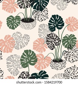 Minimal floral pattern in scandinavian style. Abstract monstera flowers seamless pattern. Tropical houseplant in textured pots background. Nordics vector artwork for textile, fabric, wallpaper design