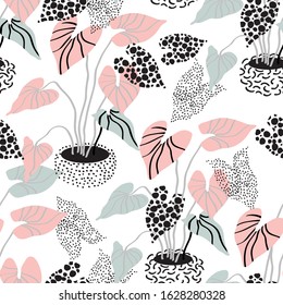 Minimal floral pattern in scandinavian style. Abstract flowers seamless pattern. Tropical houseplant in textured pots on white background. Nordics vector artwork for textile, fabric, wallpaper design