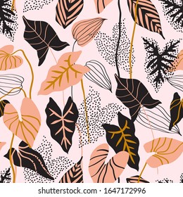 Minimal floral pattern in scandinavian style. Abstract flowers seamless pattern. Tropical leaves with line, dots textures on white background. Nordics vector artwork for textile, fabric, wallpaper des