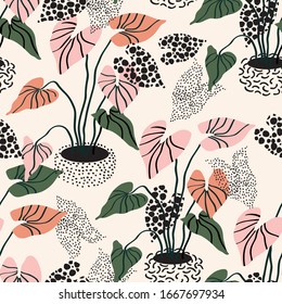 Minimal floral pattern in scandinavian style. Abstract flowers seamless pattern. Tropical houseplant in textured pots on white background. Nordics vector artwork for textile, fabric, wallpaper design