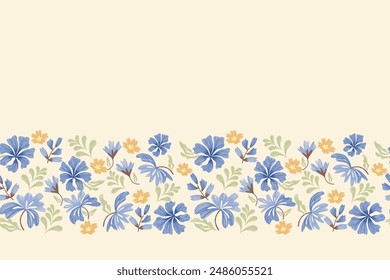 Patrón Floral Mínimo Sin Costuras. Ilustración vectorial de diseño de textura Ikat bordado de flores azul vintage étnico. Borde de fondo de Fondo de pantalla de Plantilla de impresión Batik.