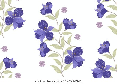 Minimal floral pattern seamless watercolour style. Ikat batik small orchid flower motif with leaf branch vintage design hand draw background border frame vector illustration on white background.