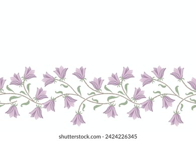 Minimal floral pattern seamless watercolour style. Ikat batik small bluebell flower motif with leaf branch vintage design hand draw background border frame vector illustration on white background.