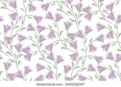 Minimal floral pattern seamless watercolour style. Ikat batik small bluebell flower motif with leaf branch vintage design hand draw background border frame vector illustration on white background.