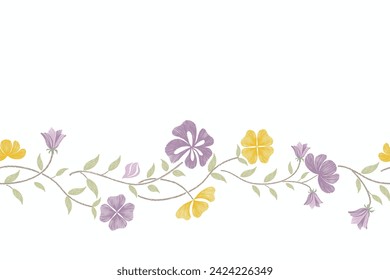 Patrón floral minimalista estilo de acuarela sin fisuras. Ikat batik pequeño motivo de flor con rama de hoja de diseño vintage dibujo a mano de fondo marco de borde ilustración vectorial.