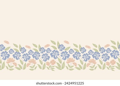 Minimal floral pattern seamless watercolour style. Ikat batik small flower motif with leaf branch vintage design hand draw background border frame vector illustration on white background.