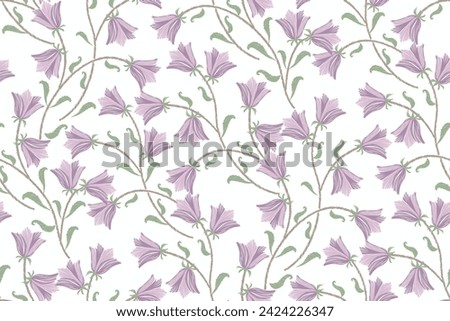 Minimal floral pattern seamless watercolour style. Ikat batik small bluebell flower motif with leaf branch vintage design hand draw background border frame vector illustration on white background.
