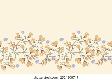Minimal Floral pattern seamless.Pastel blue orange flowers Ikat woven textured design paisley embroidery with vintage floral tapestry motifs. Ethnic pattern Autumn colour vector illustration. 