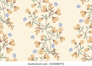 Padrão floral mínimo sem costura.Pastel azul laranja flores Ikat tecido texturizado bordado paisley design com vintage floral tapeçaria motivos. Padrão étnico Ilustração do vetor de cor de outono. 