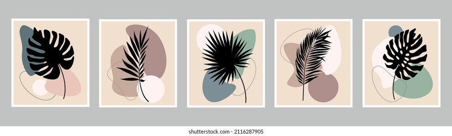 Minimal floral prints on the walls. Boho style posters. Botanical wall art, natural colors. Bohemian prints with leaves.
