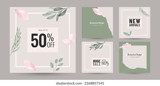 Minimal floral sale layouts for shopping ads, banner, social media post, beauty, wedding, cosmetics.