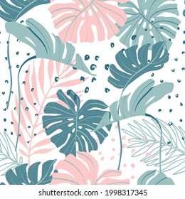 Minimal floral seamless pattern. Abstract monstera and palm leaves on doodle texture background. Simple vector design. Hand drawn line art botany illustration for summer design, fabric, wallpaper