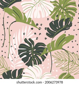 Minimal floral seamless pattern. Abstract monstera and palm leaves on doodle texture background. Simple vector design. Hand drawn line art botany illustration for summer design, fabric, wallpaper