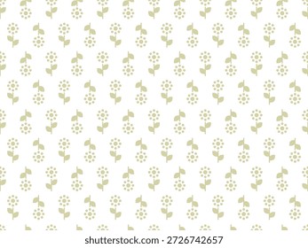 Minimale florale nahtlose Muster mit abstrakten kleinen grünen Blumen und Blättern mit Punkt. Wiederholte Komposition auf weißem Hintergrund. Einfache botanisch gezeichnete Elemente für Tapete, Druck, Textil, Stoff, Wohnkultur im modernen, schlichten Stil. Grafikdesign der Vektorgrafik