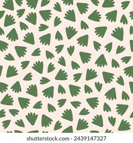Minimal floral seamless pattern with green small cartoon leaves on a beige background. Pastel colors. Vector illustration.