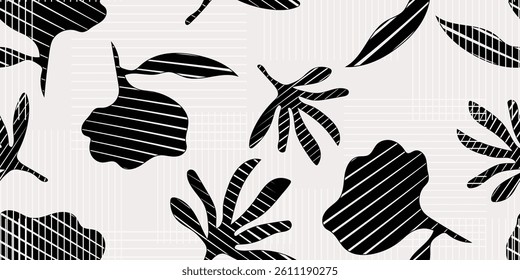Minimal floral seamless pattern. Hand-drawn flower and leaf shape textures. Repeatable vibrant boho prints. Vector illustration