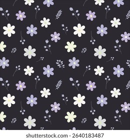 Minimal floral seamless pattern with pastel flowers on black background, modern and elegant repeat print for digital design, packaging and fabrics.